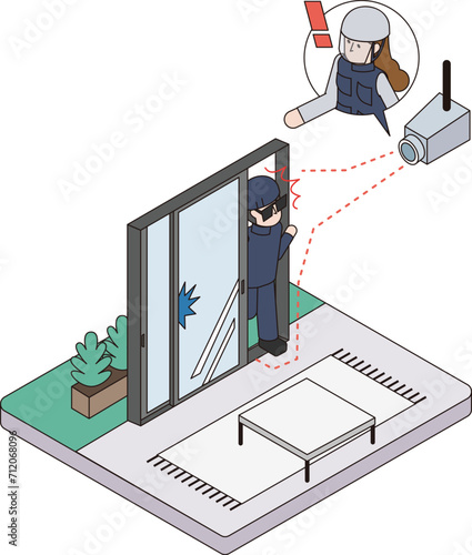 不審者を監視カメラを使って感知し遠隔で見守るホームセキュリティのアイソメイラスト