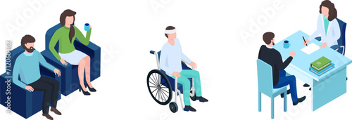 Patients waiting and consulting doctor in clinic. Medical office visit and healthcare services vector illustration.
