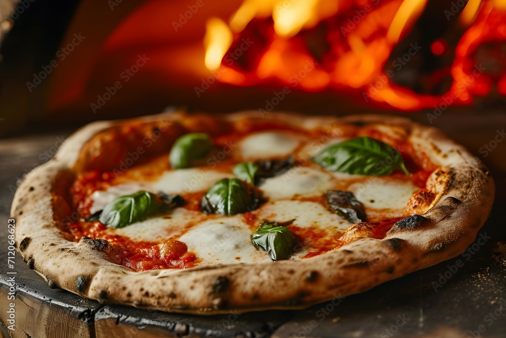 Authentic Italian Pizza Cooking In A Traditional Brick Oven With Visible Flames In The Background Authentic Italian Pizza Cooking In A Traditional Brick Oven With Visible Flames In The Background