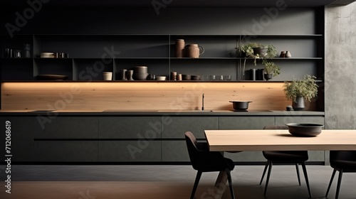 Cuisine moderne noir mat avec du bois, style minimaliste