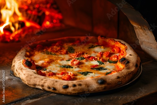 Authentic Italian Pizza Cooking In A Traditional Brick Oven With Visible Flames In The Background