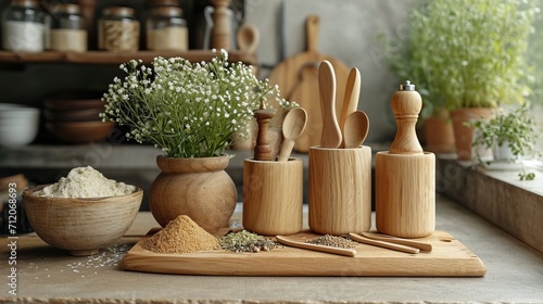 Accessoires de table en bois dans une cuisine rustique