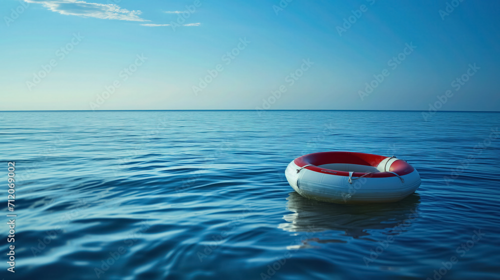 Lifebuoy floating on the open blue sea.