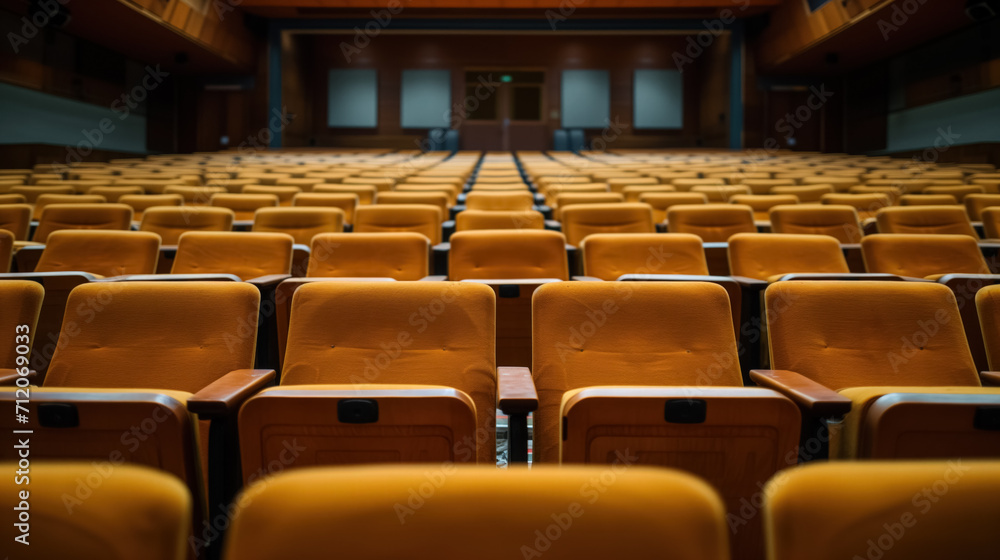 Fototapeta premium Empty orange seats in a dimly lit auditorium.