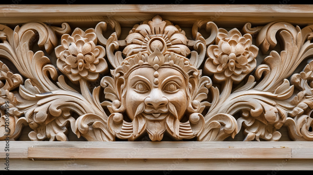 Carved wooden panel with a mythological figure. Carved wooden panel with a mythological figure.