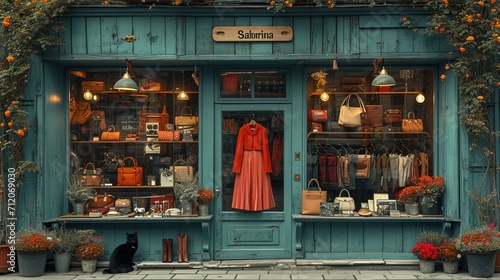 devanture de boutique vintage avec des sacs et robes, retro.