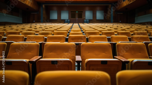 Empty orange seats in a dimly lit auditorium.