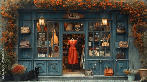 devanture de boutique vintage avec des sacs et robes, retro. photo