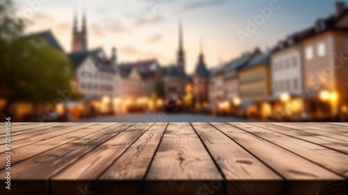 The empty wooden table top with blur background of town square. Exuberant image. generative AI © Summit Art Creations