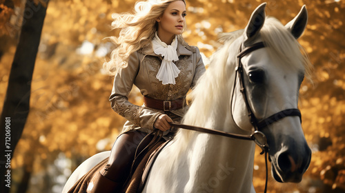 Girl in equestrian outfit riding a horse near trees