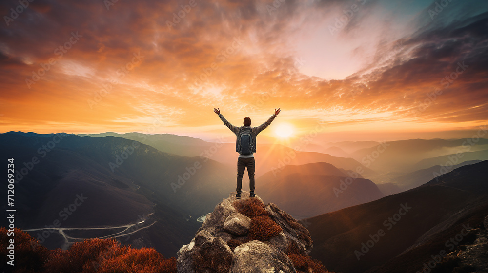 Happy tourist man raised arms against sunset mountain