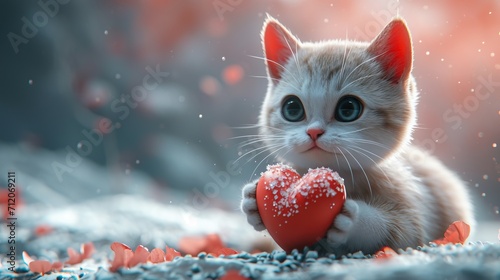 Petit chat trop mignon qui tiens un cœur pour la saint valentin  photo