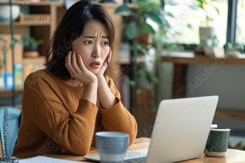 Asian Korean freelancer woman sitting and working with laptop Showing a confused and troubled expression sit at the table with computer macbook