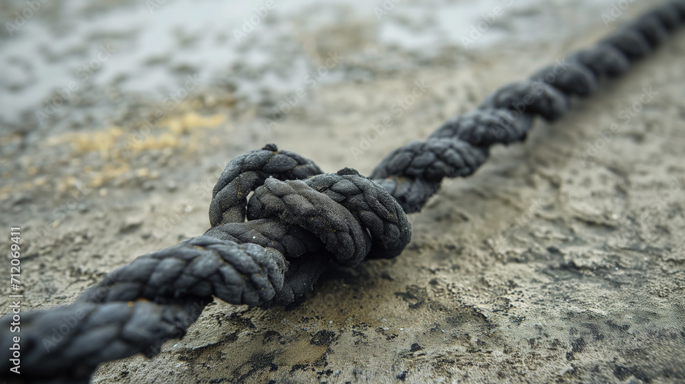 Tightly knotted rope on a textured ground.
