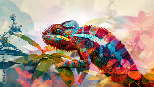 Vibrant Chameleon Silhouette in Tropical Rainforest Double Exposure