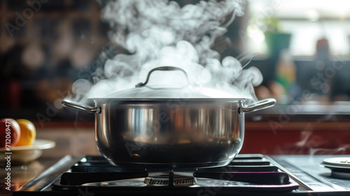 Steaming pot on stove in a home kitchen.