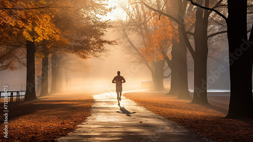 Man doing running exercise at autumn winter morning photo