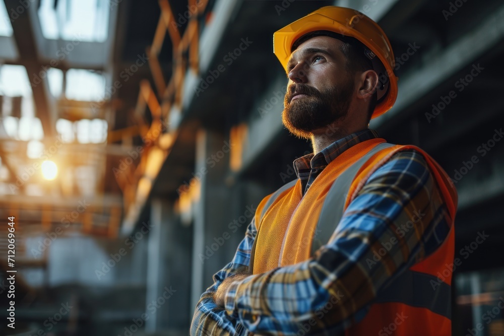 A professional architect engineer wearing protective helmet and standing looking at house construction site