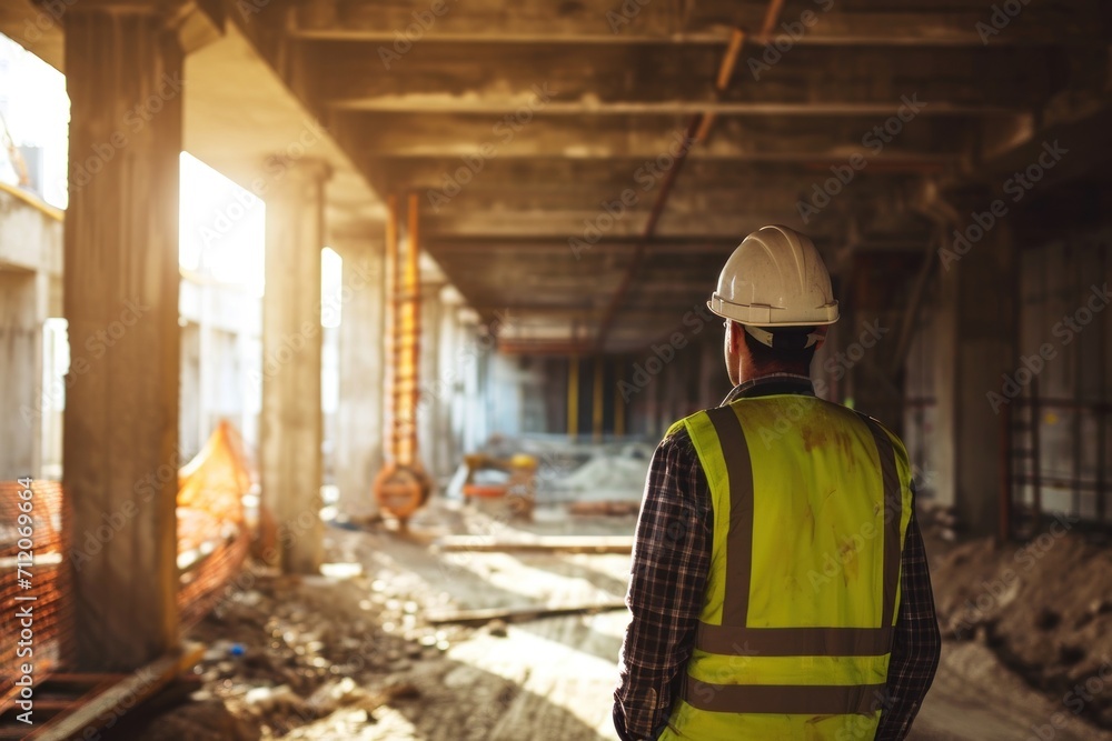Fototapeta premium A professional architect engineer wearing protective helmet and standing looking at house construction site