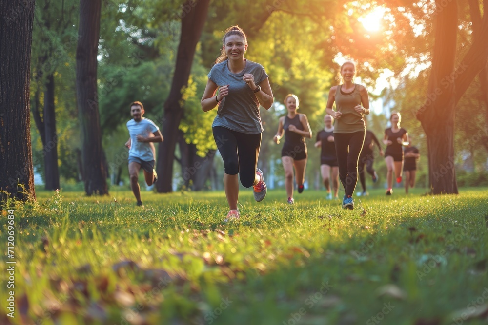 Group of friends jogging together in the forest. Healthy active lifestyle Group of friends jogging together in the forest. Healthy active lifestyle