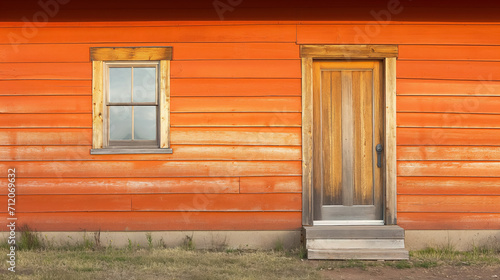 Orange wooden cabin facade with door.
