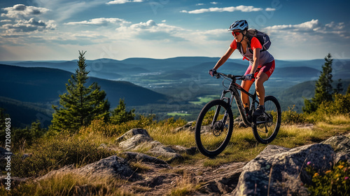 mountain biking woman riding on bike in summer mountain © Aura