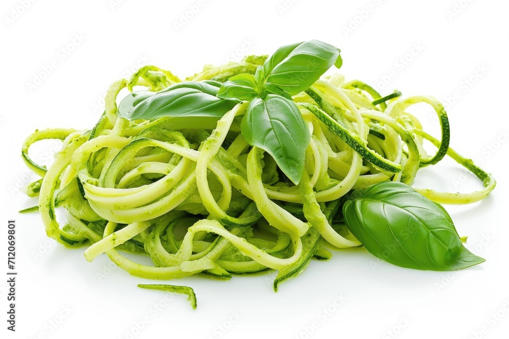 Delicious fresh zucchini pasta with basil on white background Delicious fresh zucchini pasta with basil on white background