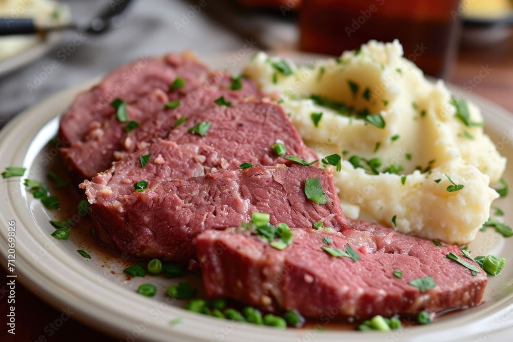 Corned beef is served with mashed potatoes.