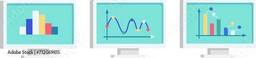 Three computer monitors displaying colorful bar, line, and pie charts. Animated data analysis graphics on screens vector illustration. Business analytics and performance visualization vector