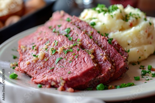 Corned beef is served with mashed potatoes. photo