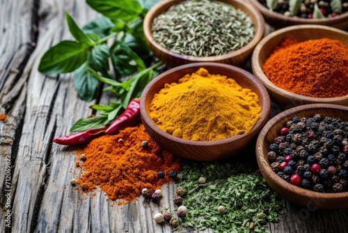 Colorful spices and herbs on a wooden background.