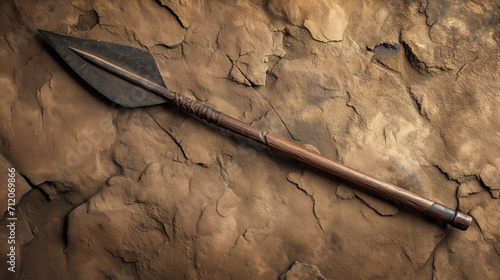 Ancient spear on cracked earth background. photo