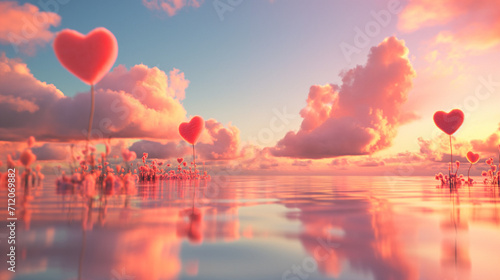 A breathtaking, surreal fairytale lakeside scenery with blooming pink hearts, capturing the essence of love and romance on Valentine's Day sunshine