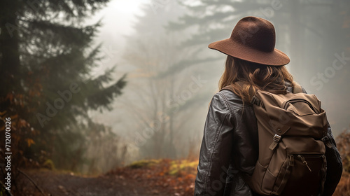 woman with knit hat backpack hiking in foggy wooden forest