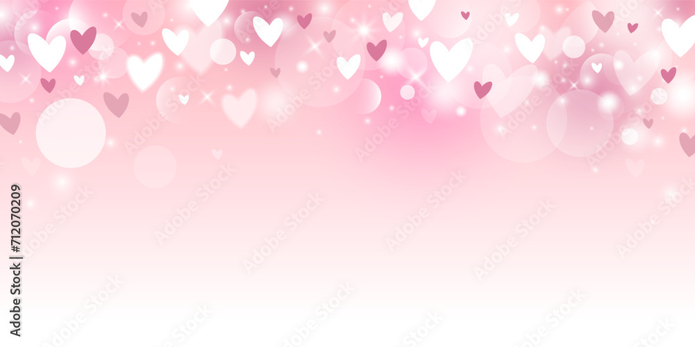 Valentine's day banner design of abstract pink bokeh lights with hearts background with copy space vector illustration