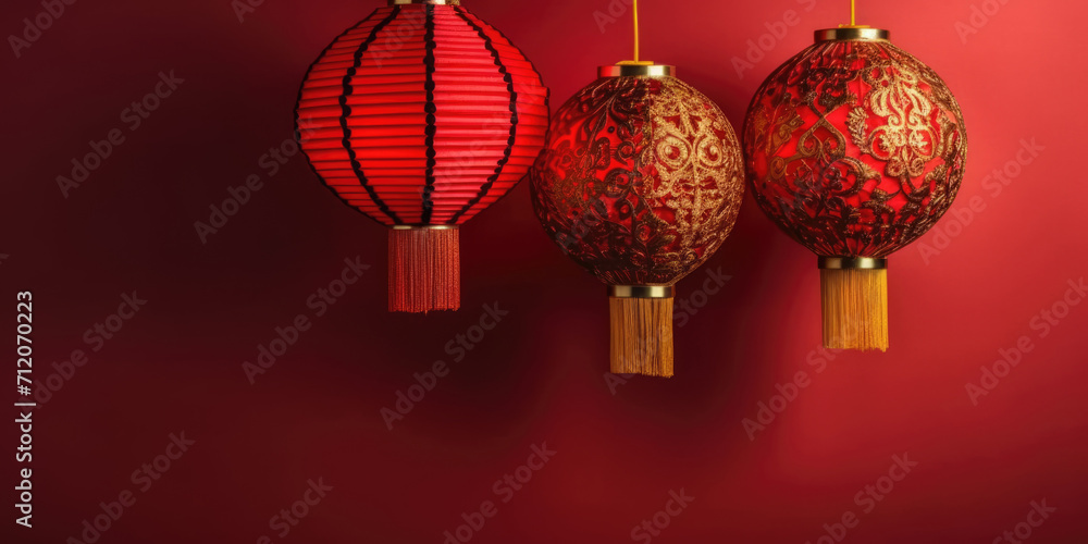 Red Chinese lanterns on a red background. Festive decoration. Lanterns in oriental style. Chinese New Year concept Red Chinese lanterns on a red background. Festive decoration. Lanterns in oriental style. Chinese New Year concept
