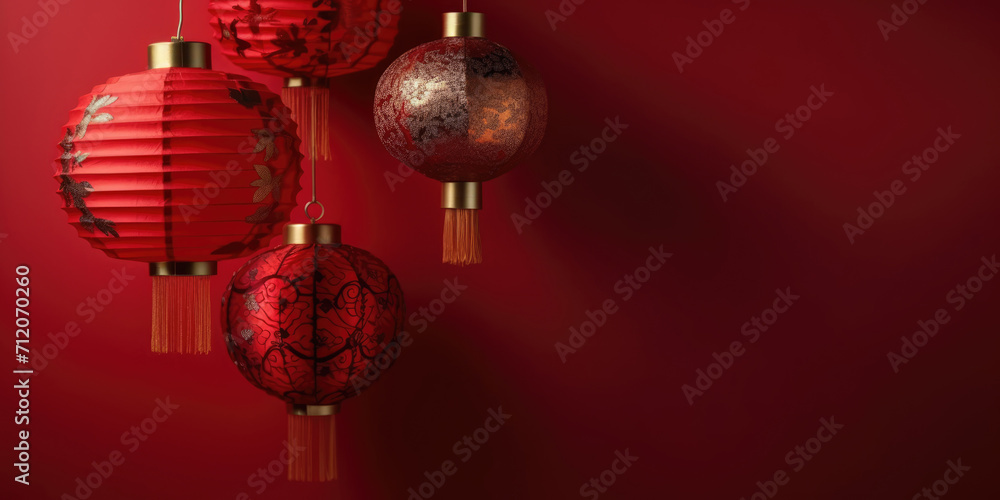 Red Chinese Lanterns on a Red Background, copy space Red Chinese Lanterns on a Red Background, copy space