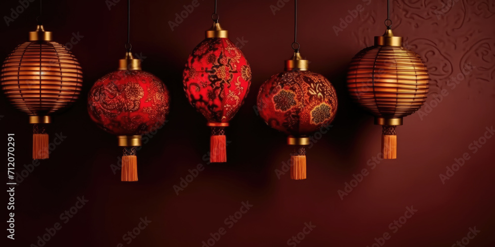 Red Chinese Lanterns. Chinese New Year lanterns on a dark red background, copy space. Chinese lantern festival