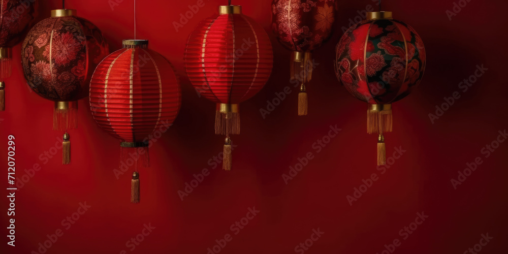 Fototapeta premium Red Chinese New Year lanterns on a dark red background, copy space. Chinese lantern festival