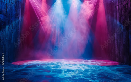 A theatrical stage set with striking blue lighting cutting through fog to create a moody ambiance,AI generated