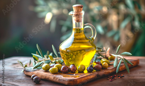 Olive oil in a bottle stands on a wooden board with olives. Salad dressing.
