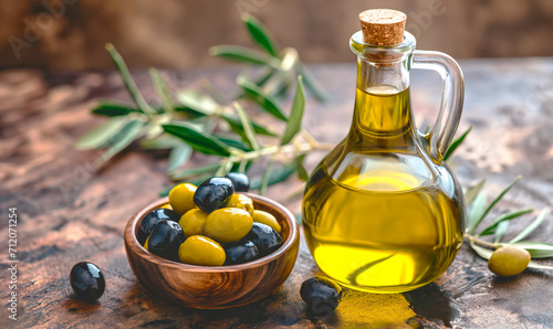 Glass bottle of olive oil with olives next to it.