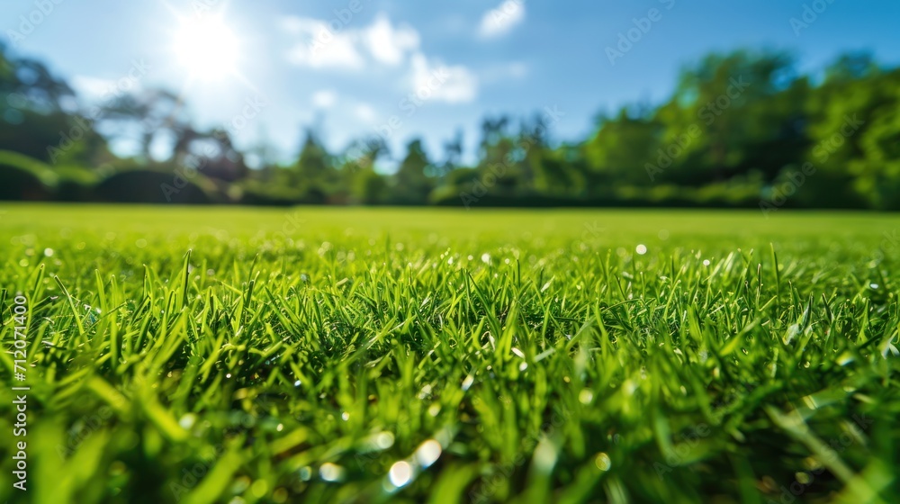 spring green grass under the bright sunny sky. Abstract natural backgrounds