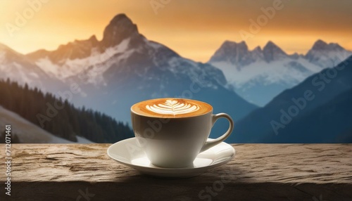 a cup of coffee latte against the silhouette of mountains, symbolizing a harmonious blend of nature and innovative design. 