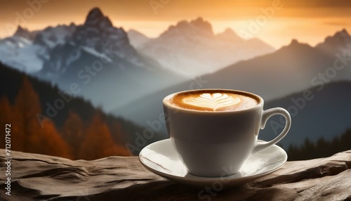 cup of coffee on the mountain.a cup of coffee latte against the silhouette of mountains, symbolizing a harmonious blend of nature and innovative design. 