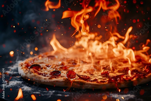 A Sizzling Pizza Amidst Roaring Flames Symbolizing An Explosion Of Super Spicy Flavors photo