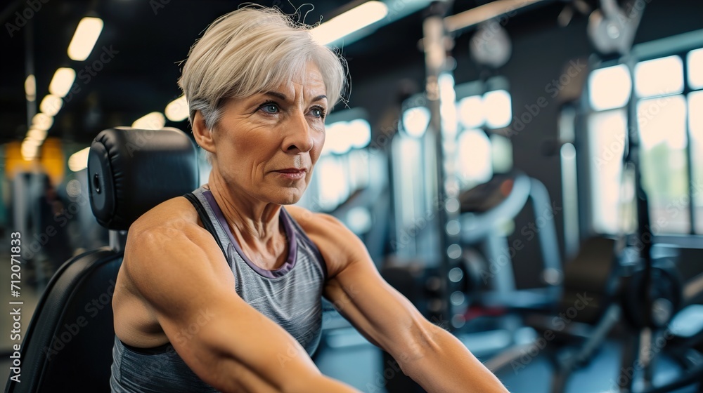 Fototapeta premium elderly woman in sportswear working out in modern gym
