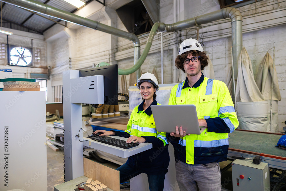 engineer team staff worker working in wooden furniture factory control operate wood cutter machine engineer team staff worker working in wooden furniture factory control operate wood cutter machine