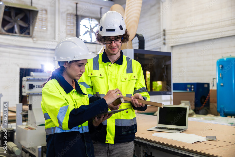 engineer team staff worker working in wooden furniture factory control operate wood cutter machine engineer team staff worker working in wooden furniture factory control operate wood cutter machine