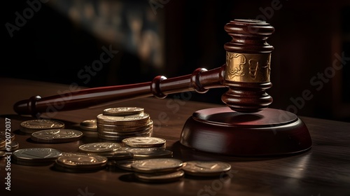 photo of a court gavel on a wood table and coins